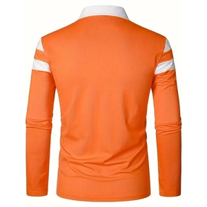 Vue arrière du polo orange à manches longues avec col blanc et rayures sur les manches