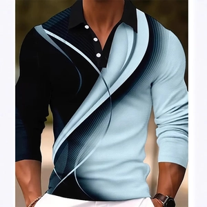 Men's long sleeve polo shirt with blue abstract wave geometric pattern and black collar