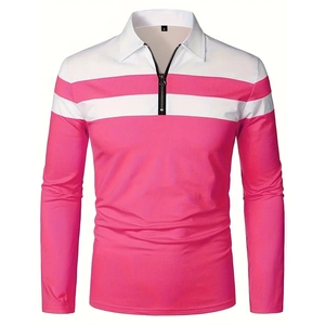 Polo à manches longues pour hommes avec blocs de couleurs rose et col à fermeture éclair
