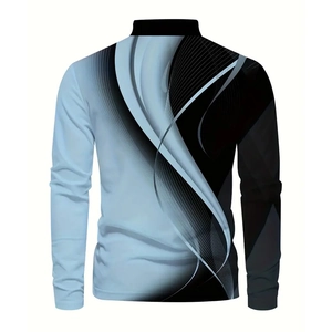 Men's casual long sleeve polo shirt featuring abstract blue and black streamline back print