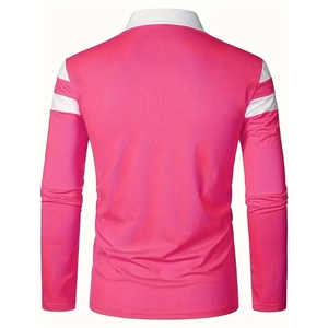 Vue arrière du polo homme à manches longues rose avec rayures blanches et col rabattu