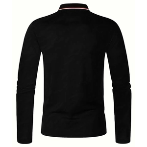 Men's slim fit black long sleeve polo shirt featuring red and white striped collar detail