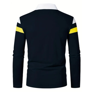 Vue arrière du polo à manches longues bleu marine avec rayures blanches et jaunes