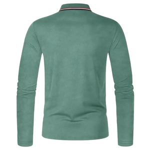 Men's grass green long-sleeve casual Polo shirt featuring striped collar back view