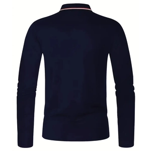 Back view of a navy blue long-sleeved polo shirt with striped collar and slim fit cut