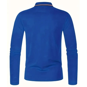 Detail of navy long-sleeve polo shirt with tricolor striped collar and ribbed cuffs