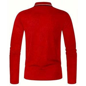 Back view of a red long sleeve polo shirt with striped collar detail and ribbed cuffs