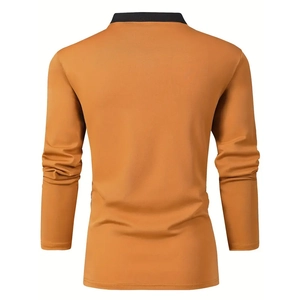 Rear view of a men's long-sleeve polo shirt in camel with a black turn-down collar detail