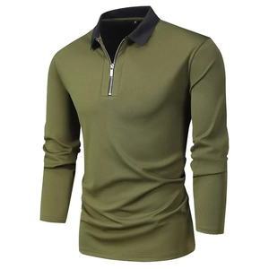 Men's olive green long sleeve polo shirt with black contrast collar and 1/4 zipper detail