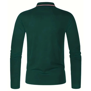 Back view of forest green long sleeve polo shirt with striped collar detail