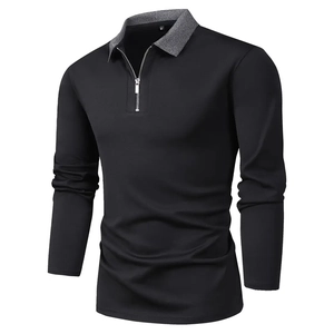 Men's long sleeve black polo shirt with 1/4 zipper and grey contrast collar detail