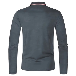 Detailed back view of a dark grey long sleeve polo shirt with tricolor striped collar