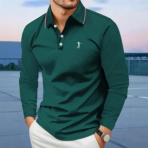 Detail view of dark green men's long sleeve polo shirt with golf embroidery and striped collar