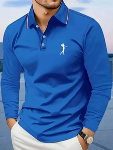 Close-up of royal blue long sleeve polo shirt featuring white golf silhouette logo