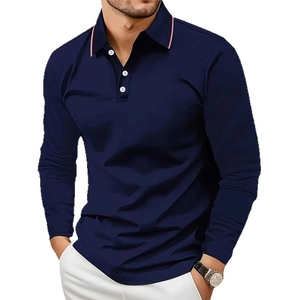 Men's navy blue long sleeve polo shirt featuring a contrast striped collar and slim fit cut
