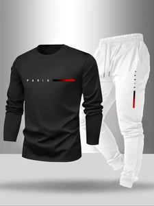 Detail of men's two-piece tracksuit with PARIS letter print and drawstring waist