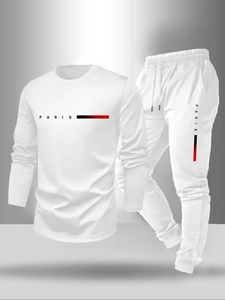 Detailed view of white men's long-sleeve tracksuit with PARIS letter print on fabric