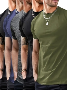Detail view of multi-color crewneck t-shirts including army green and navy blue options