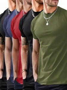 Detailed row of men's crew neck cotton t-shirts in army green, black, burgundy, and navy