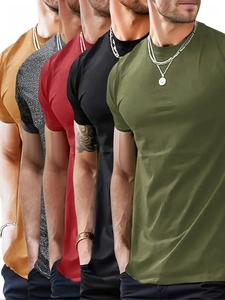 Detail showing five colored short sleeve crew neck t-shirts in khaki, black, and red