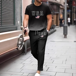 Men's USA flag 3D print short sleeve T-shirt and black pants casual sports set