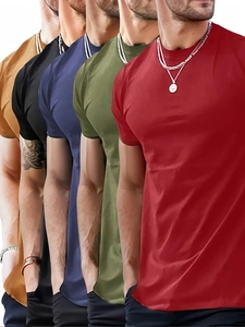 Detail view of five assorted solid colors for men's crew neck slim fit cotton t-shirts