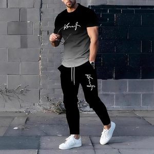 Men's 3D printed summer tracksuit set with gradient t-shirt and black drawstring joggers