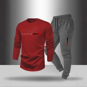 Men's casual red long sleeve Paris print t-shirt and grey jogger pants two-piece set