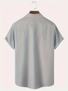 Rear view of a men's 3D print short sleeve shirt with silk texture on wooden hanger