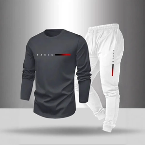 Men's two-piece casual tracksuit with black long-sleeved PARIS shirt and white joggers