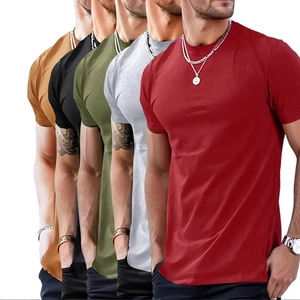 Five-pack of men's crew neck short sleeve t-shirts shown in multiple essential colors