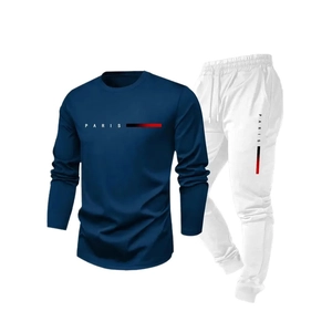Men's navy long sleeve Paris printed t-shirt and white jogger sweatpants set