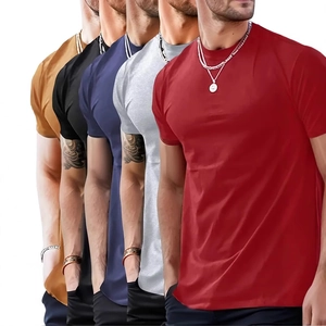 Five men's crew neck short sleeve t-shirts in yellow, black, navy, grey, and dark red colors