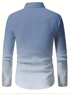 Rear view of casual long-sleeve men's shirt with blue to white gradient and geometric grid