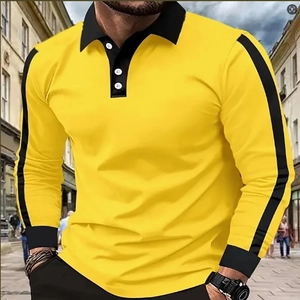 Polo da Uomo a Manica Lunga Casual Colore a Contrasto a Righe Top Sportivo Traspirante Rever con Bottoni Poliestere Moda