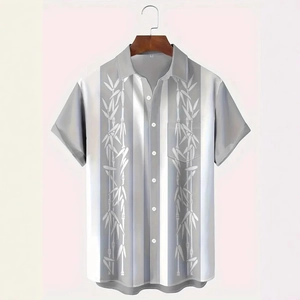 Men's short sleeve shirt with bamboo leaf print and grey gradient vertical stripes