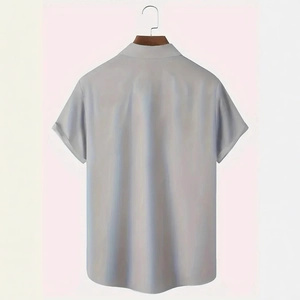 Back view of men's short sleeve shirt with 3D digital print on light blue smooth fabric