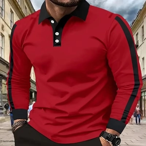 Polo da uomo rossa a maniche lunghe con strisce nere e colletto a contrasto