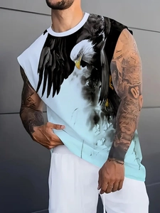 Detailed view of breathable sleeveless gym tank top with 3D eagle print for men