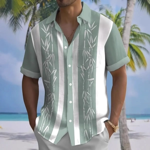 Men's green striped Hawaiian shirt with 3D bamboo leaf print and short sleeves