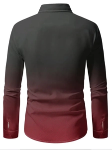 Back view of a long-sleeve men's shirt with black to dark red gradient and textured fabric
