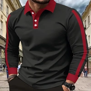 Polo a maniche lunghe da uomo slim fit nera e rossa con strisce laterali sportive