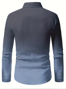 Detail view of men's casual long sleeve shirt featuring grey-blue gradient and textured weave