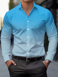 Detail of men's casual shirt with blue gradient fade and geometric woven texture