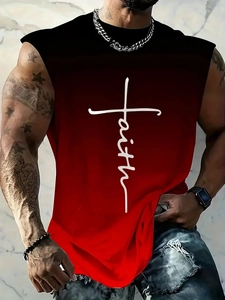 Close-up of men's tank top with red-black gradient and white faith cross graphic print