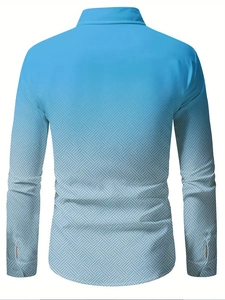 Detailed back view of men's gradient blue long sleeve shirt with geometric texture design