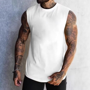 Close-up of a men's white crew neck sleeveless vest top in soft cotton for fitness