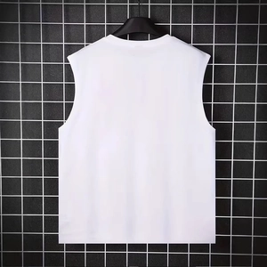 Rear view of plain white men's sleeveless workout tank top on a hanger for fitness