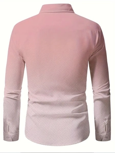 Detail view of pink long sleeve shirt showing geometric twill texture and back tailoring