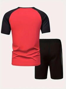 Rear view of men's two-piece sports set with red and black contrast t-shirt and shorts